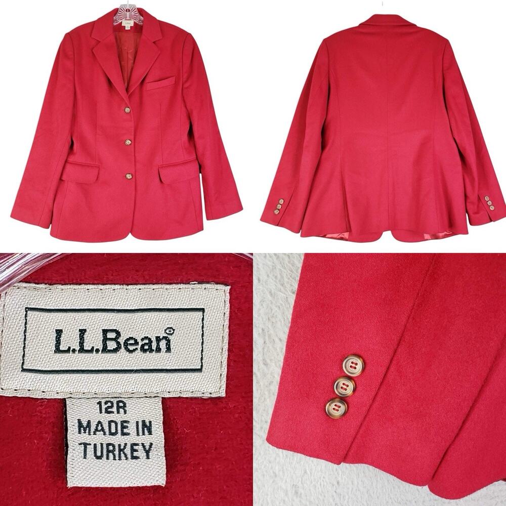 LL Bean Blazer Jacket Red Womens Size 12 R Wool Cashmere Pocket Quiet Luxury